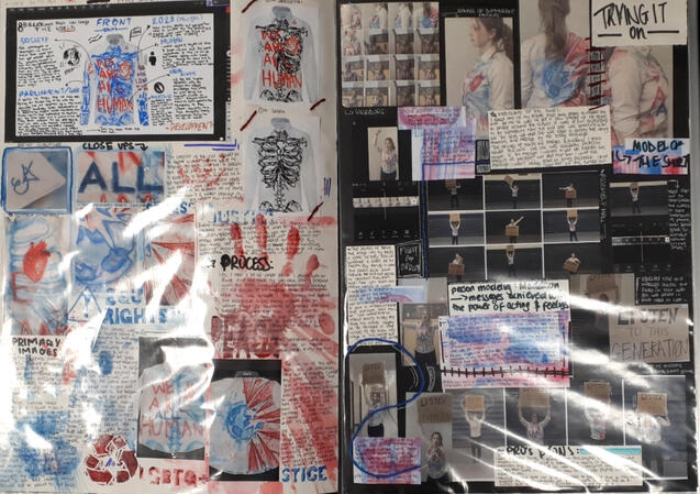 "𝗪𝗲 𝗮𝗿𝗲 𝗮𝗹𝗹 𝗛𝗨𝗠𝗔𝗡"(notes and model photos)- the whole process and decisions made for the shirt and why,alongside a t-shirt try out.Variety of mediums used through out ,example being mono-printing stamps for the background